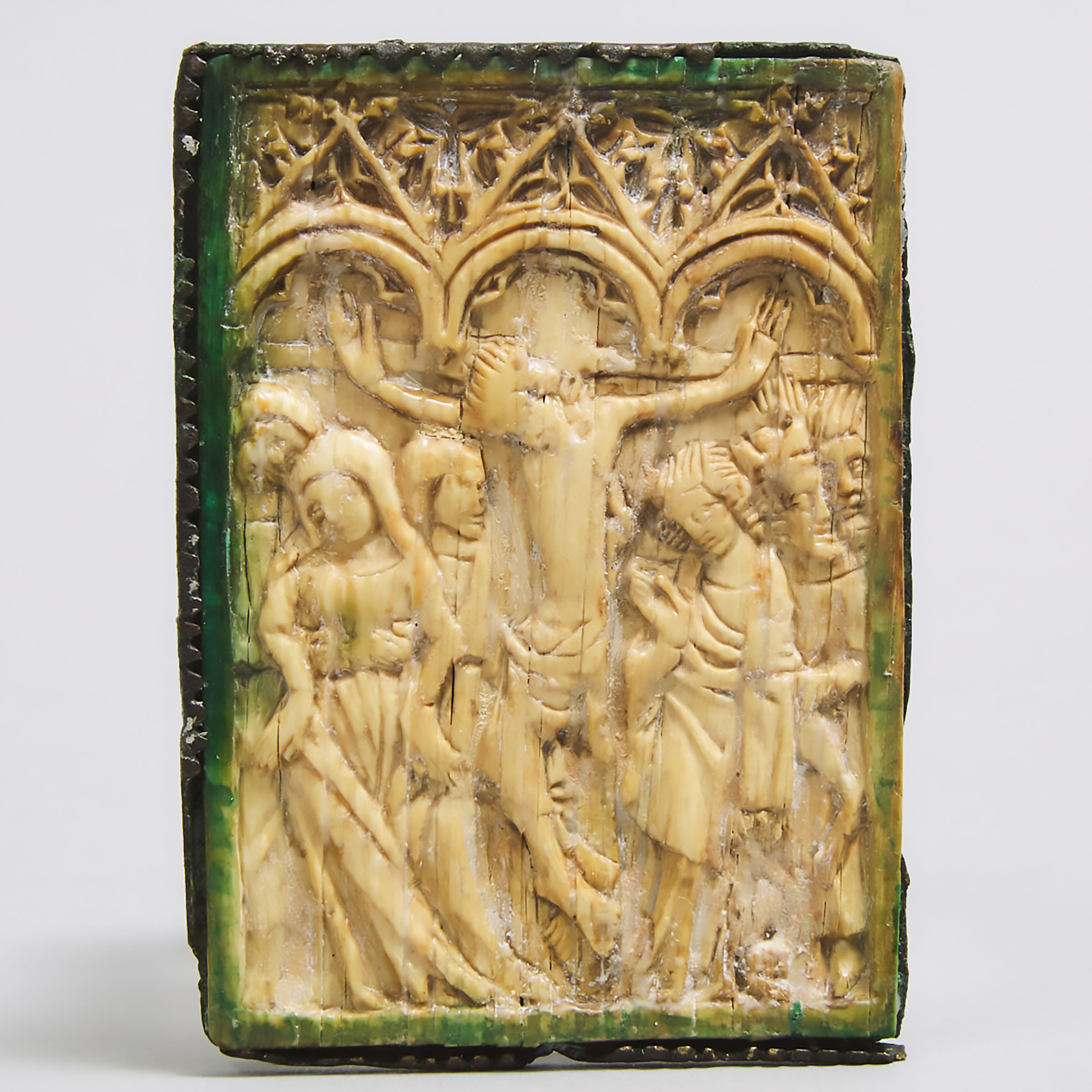 French Gothic Relief Carved Ivory Panel of the Crucifixion, 14th century