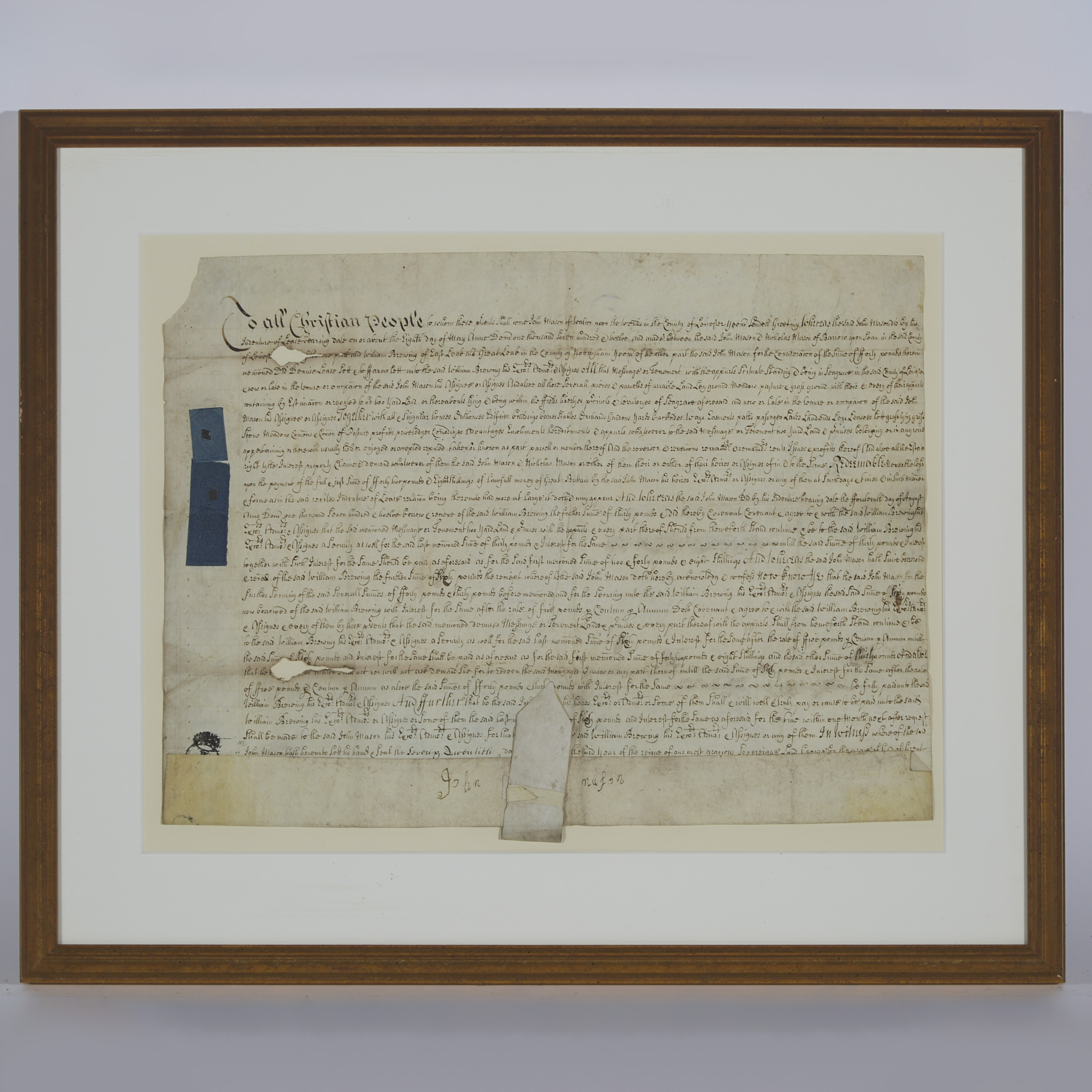 George II Parchment Indenture Between John & Nicholas Mason of Barrow Upon Soar, Leicestershire County and William Browing of the County of Nottingham, 1732