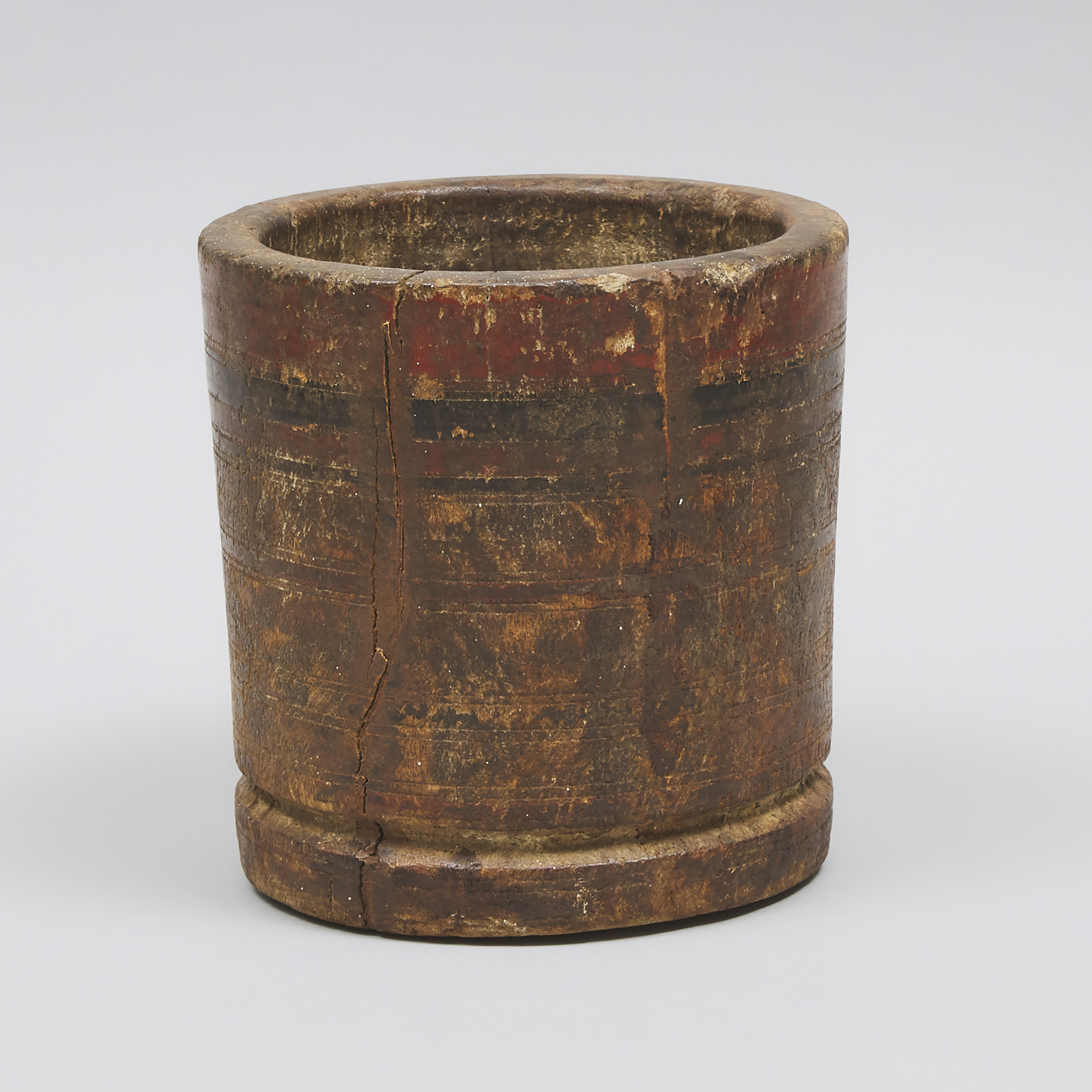 South East Asian Turned and Polycromed Hardwood Bucket Mortar, 19th century