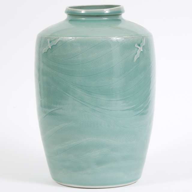 Harlan House (Canadian, b.1943), Large Moulded and Celadon Glazed Vase, 1988
