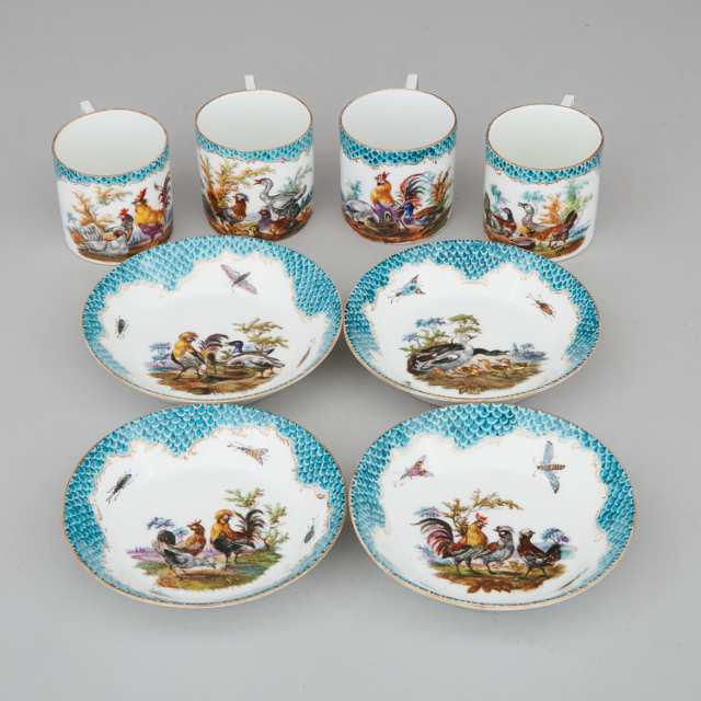 Four Meissen Coffee Cans and Saucers, 19th century