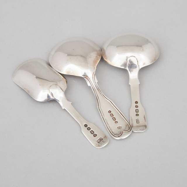 Three Victorian Silver Caddy Spoons, Charles Boyton (2) and Samuel Hayne & Dudley Cater, London, 1839/43/54