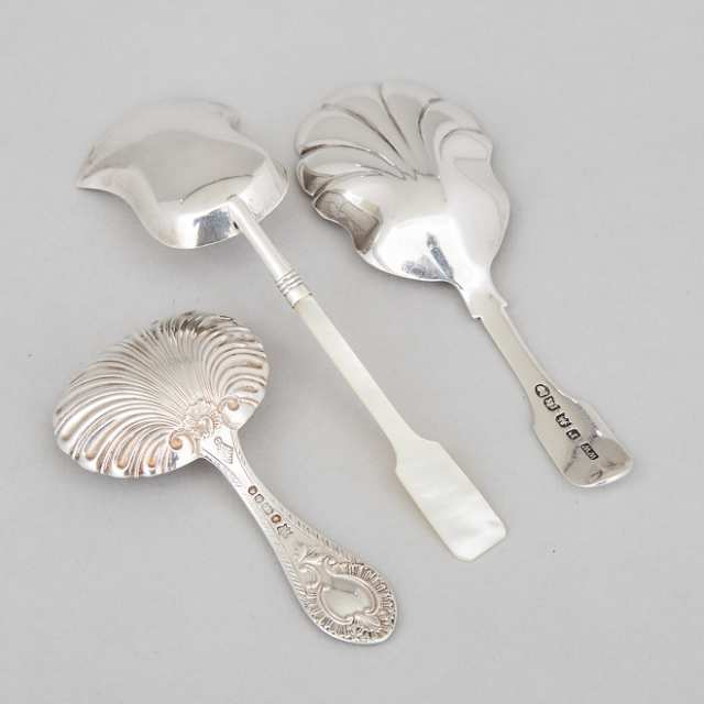 Three Georgian and Victorian Silver Caddy Spoons, Cocks & Bettridge, Birmingham, 1811, William Welch, Exeter, 1833 and Martin Hall & Co., Sheffield, 1861