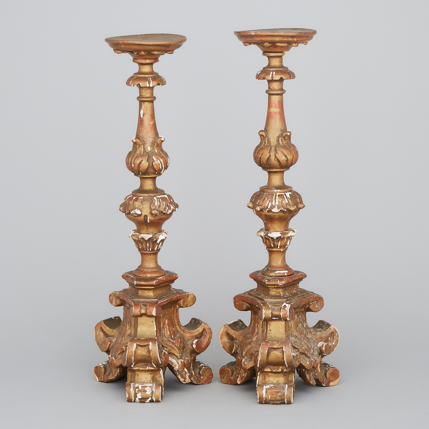 Pair of Italian Baroque Style Giltwood Candle Prickets, mid 20th century