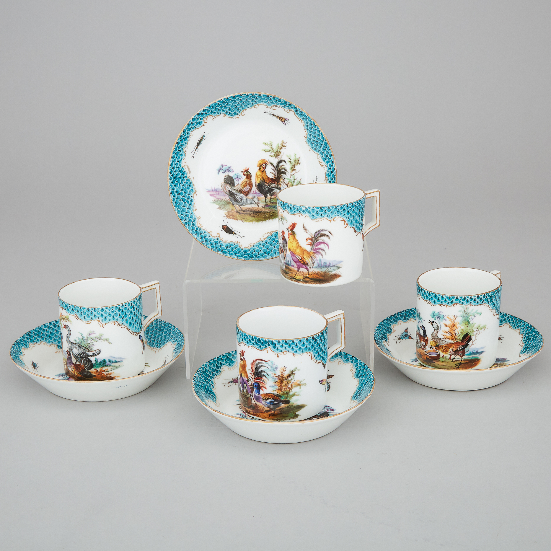 Four Meissen Coffee Cans and Saucers, 19th century