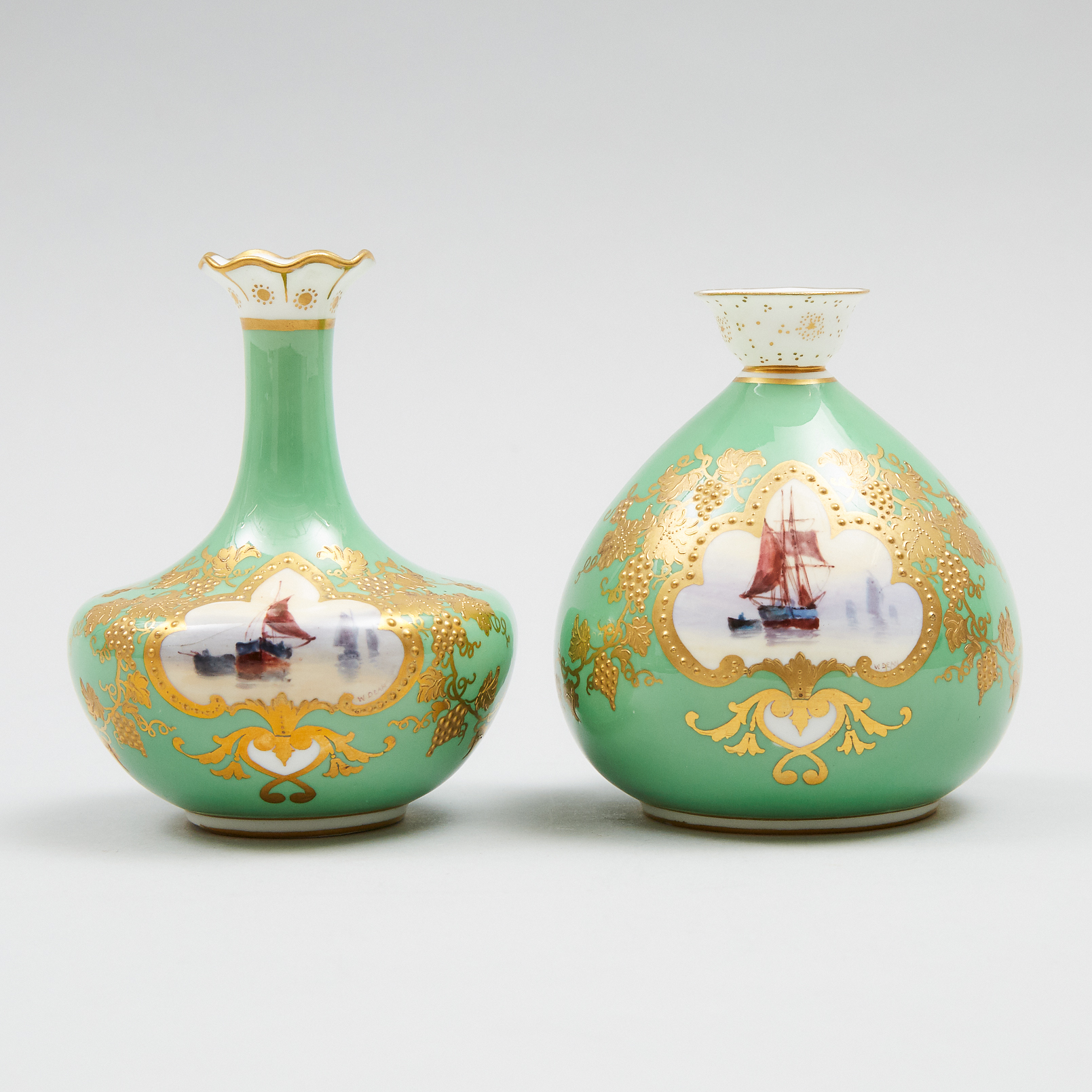 Two Royal Crown Derby Apple Green and Gilt Ground Cabinet Vases, William E.J. Dean, 1903