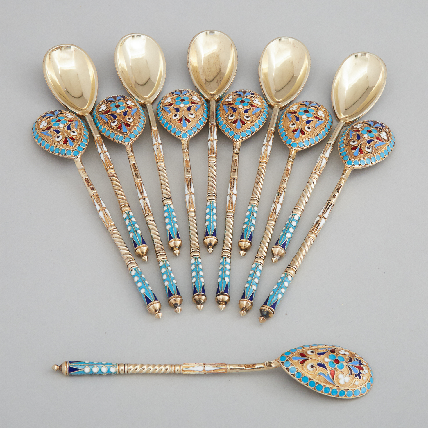 Set of Twelve Russian Cloisonné Enameled Silver-Gilt Tea Spoons, Moscow, late 19th century