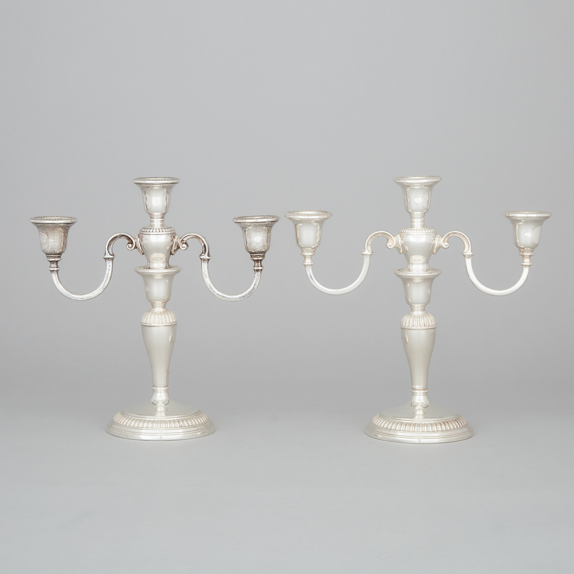 Pair of Canadian Silver Three-Light Candelabra, Henry Birks & Sons, Montreal, Que., 1964/70