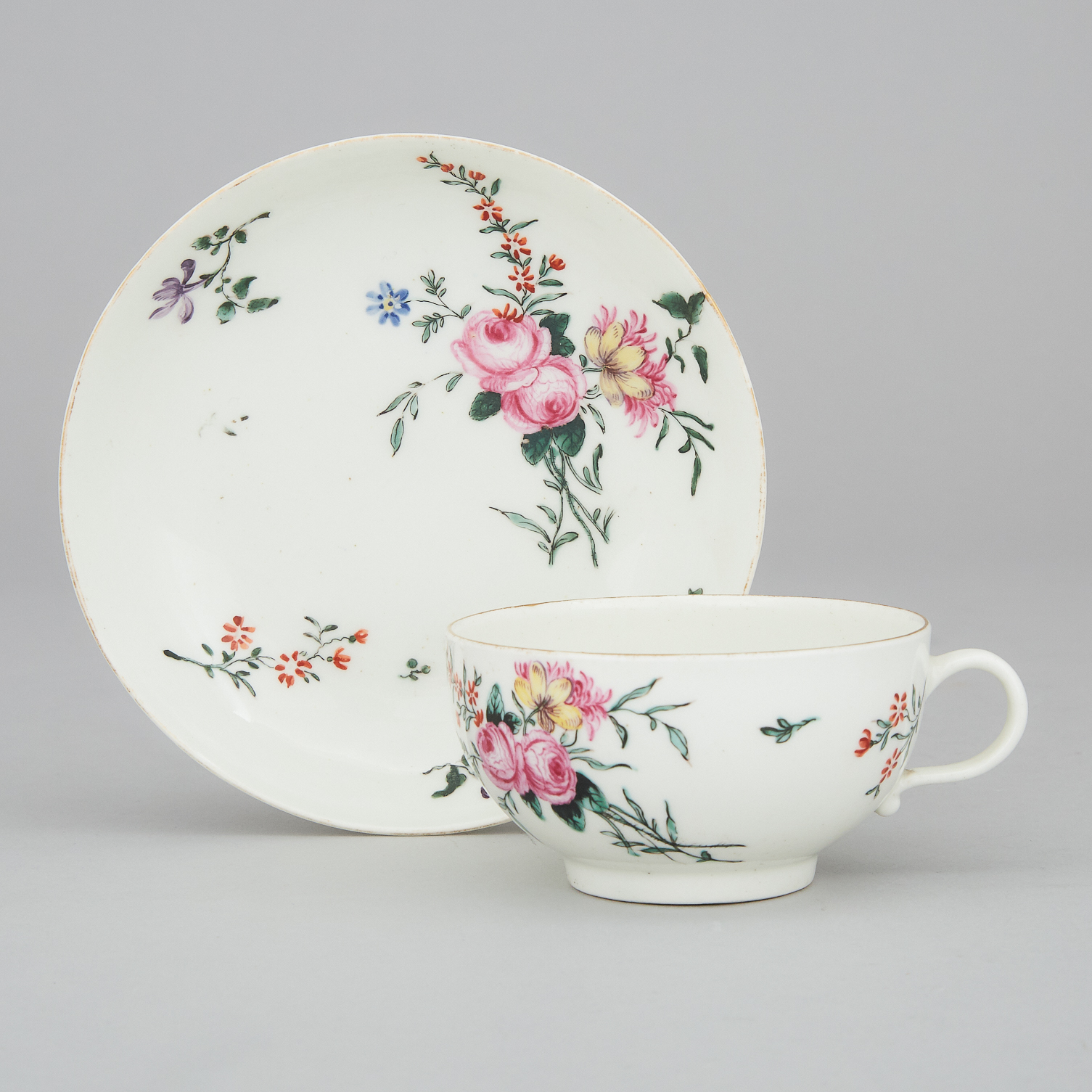 Worcester Polychrome Floral Decorated Cup and Saucer, c.1765-70