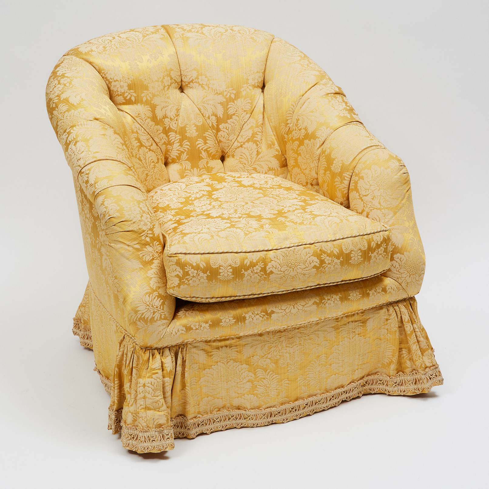 Yellow Silk Damask Upholstered Tub Chair, 20th century