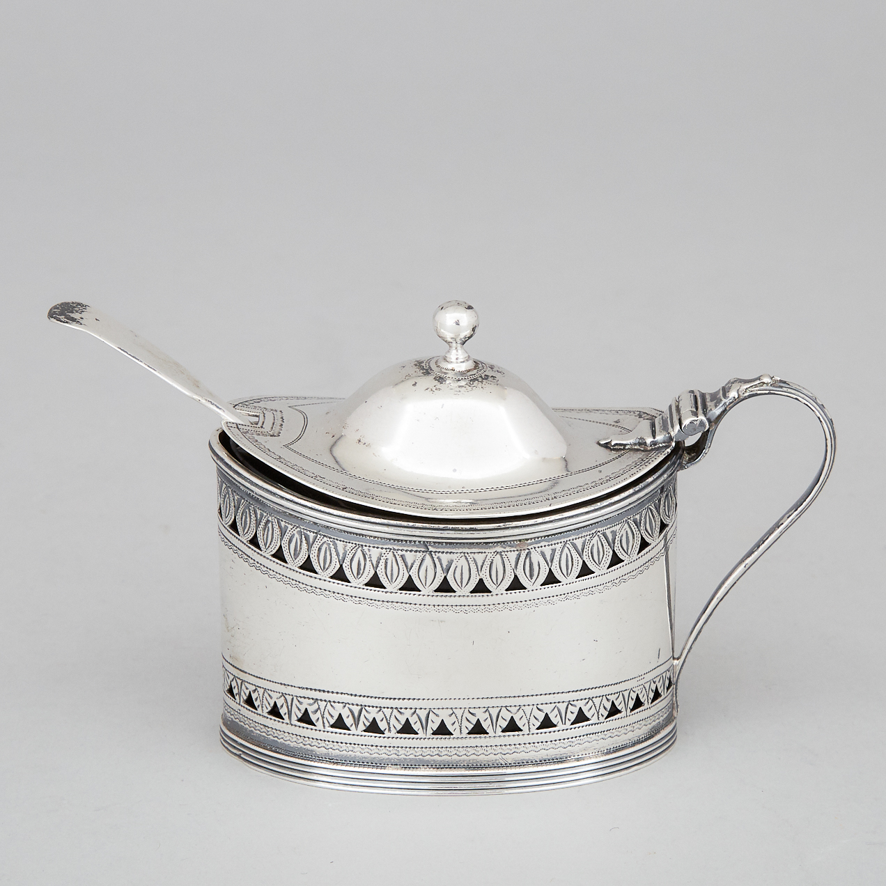 George III Silver Pierced and Engraved Oval Mustard Pot, Robert Hennell I, London, 1792