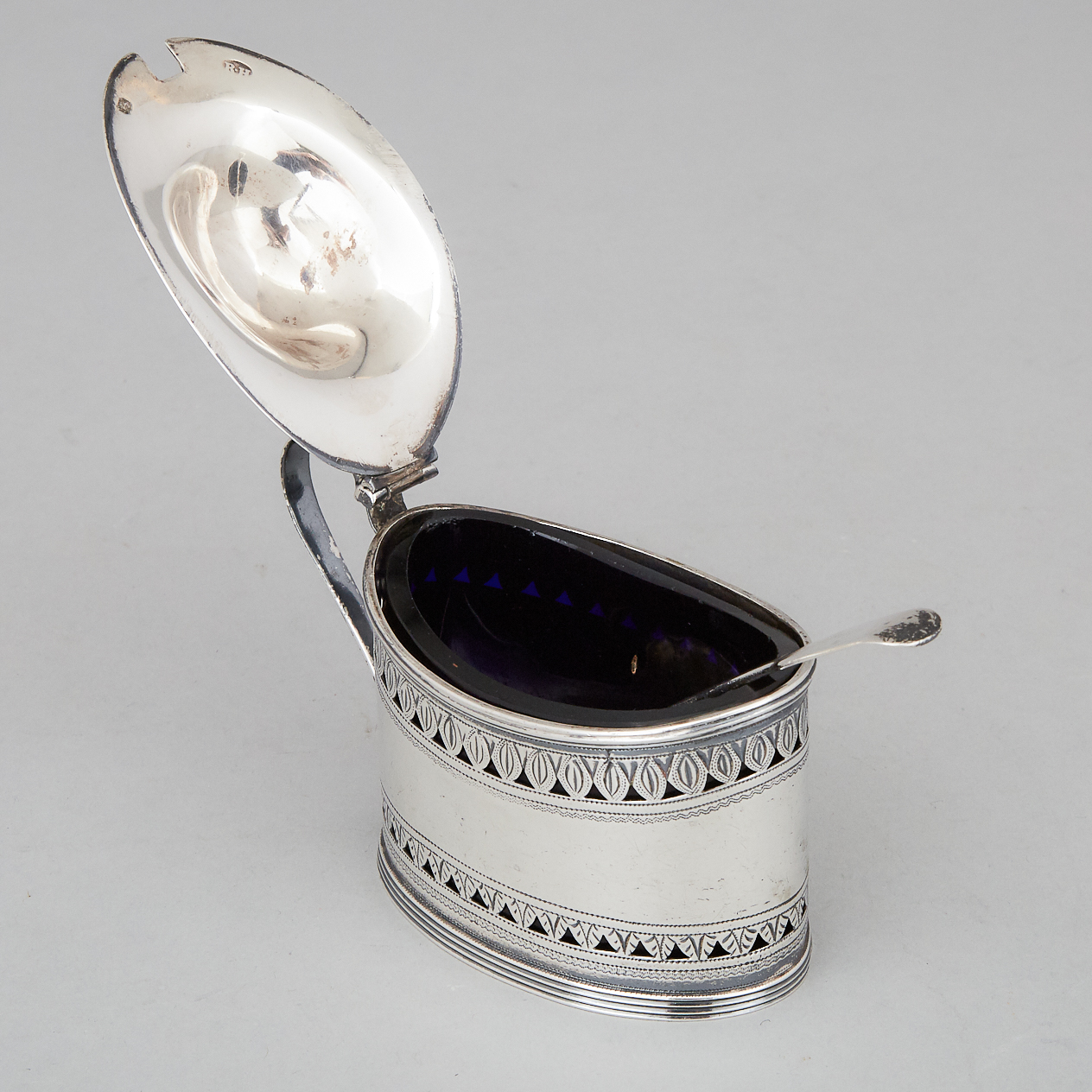 George III Silver Pierced and Engraved Oval Mustard Pot, Robert Hennell I, London, 1792