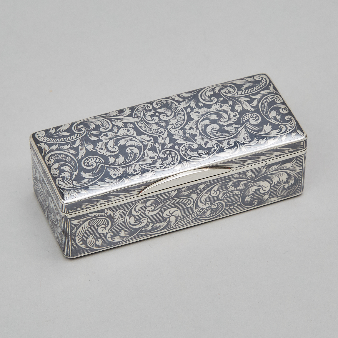 Russian Engraved and Nielloed Silver Rectangular Snuff Box, Moscow, 1846