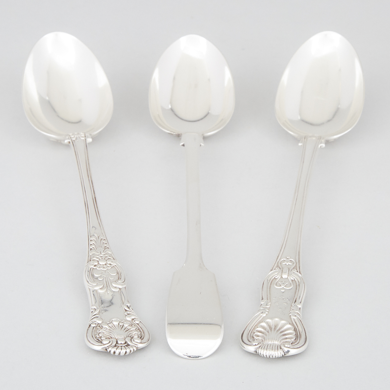 Three Victorian Silver Serving Spoons, Hourglass, Fiddle and Queens Pattern, London, 1840-55