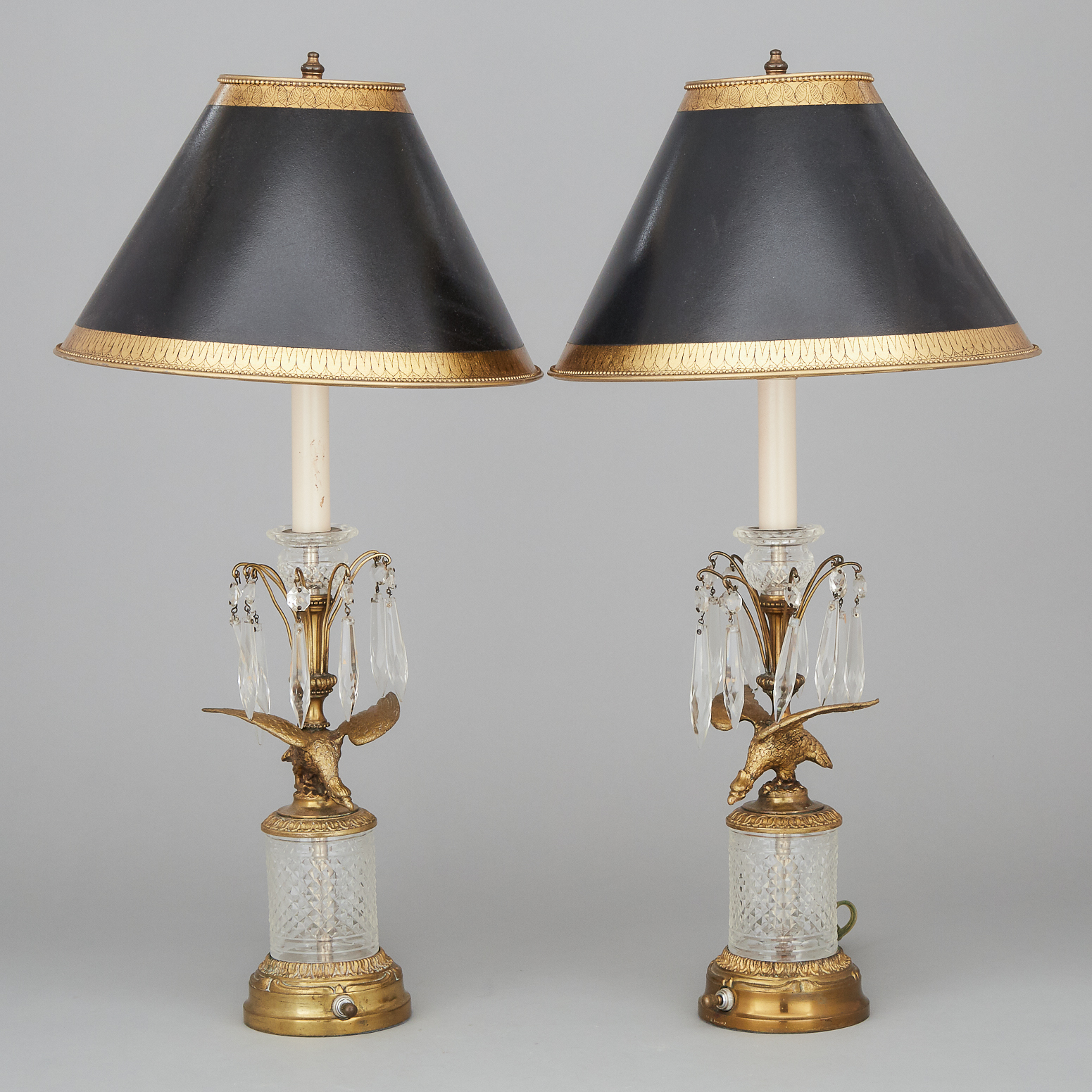 Pair of Austrian Cut Glass Mounted Ormolu Candlestick Lamps, mid 20th century