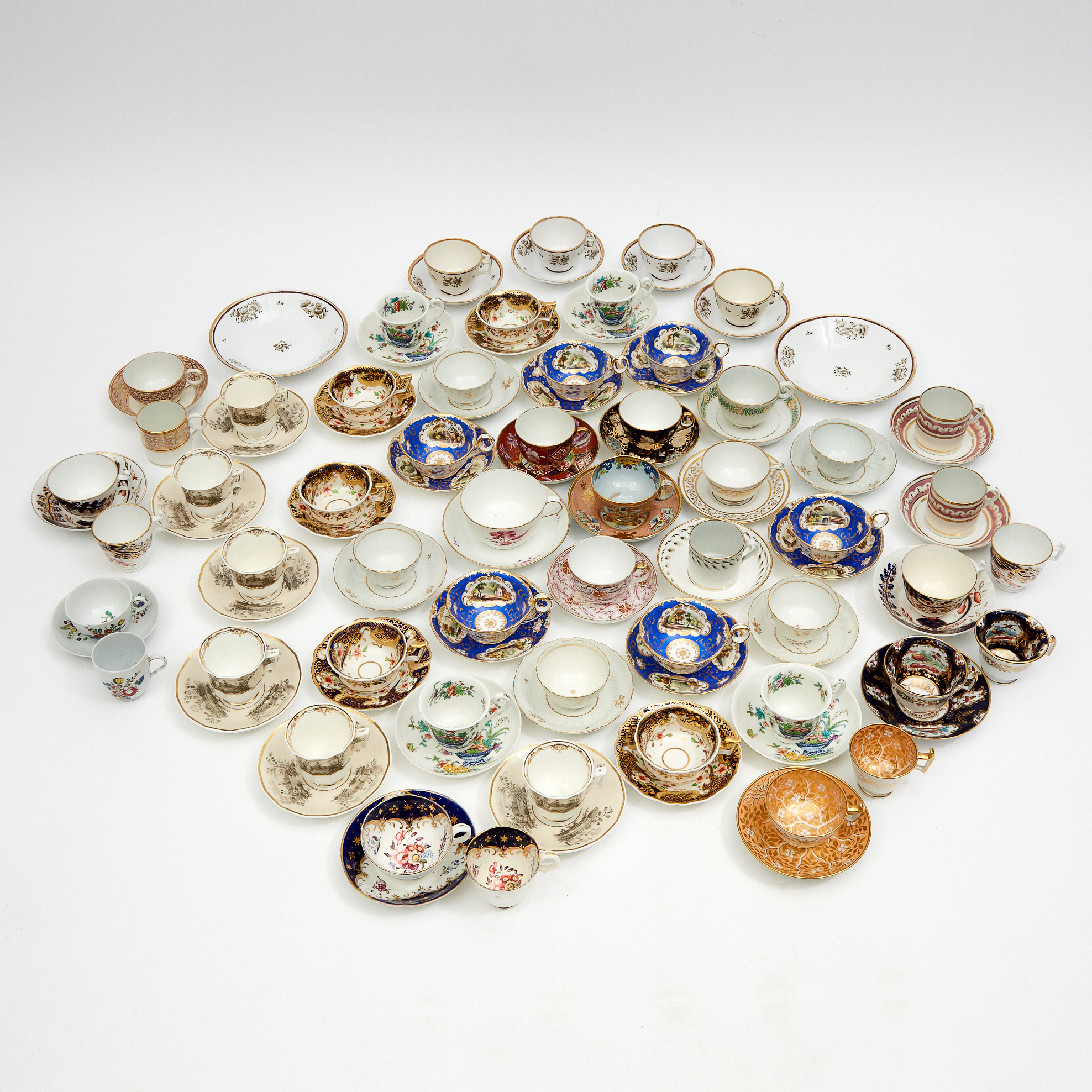 Forty Various English Porcelain Cups and Saucers, Seven Trios and Two Saucer Dishes, 19th century