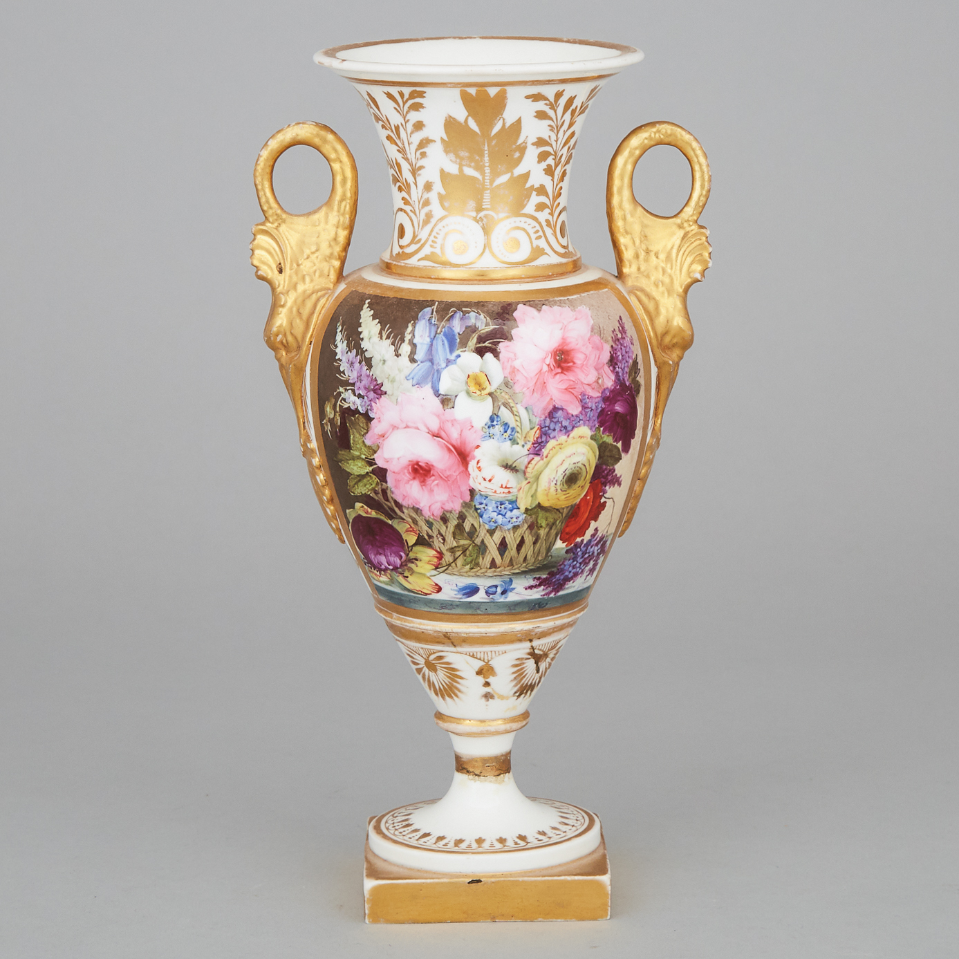 English Porcelain Floral and Gilt Decorated Two-Handled Vase, early 19th century