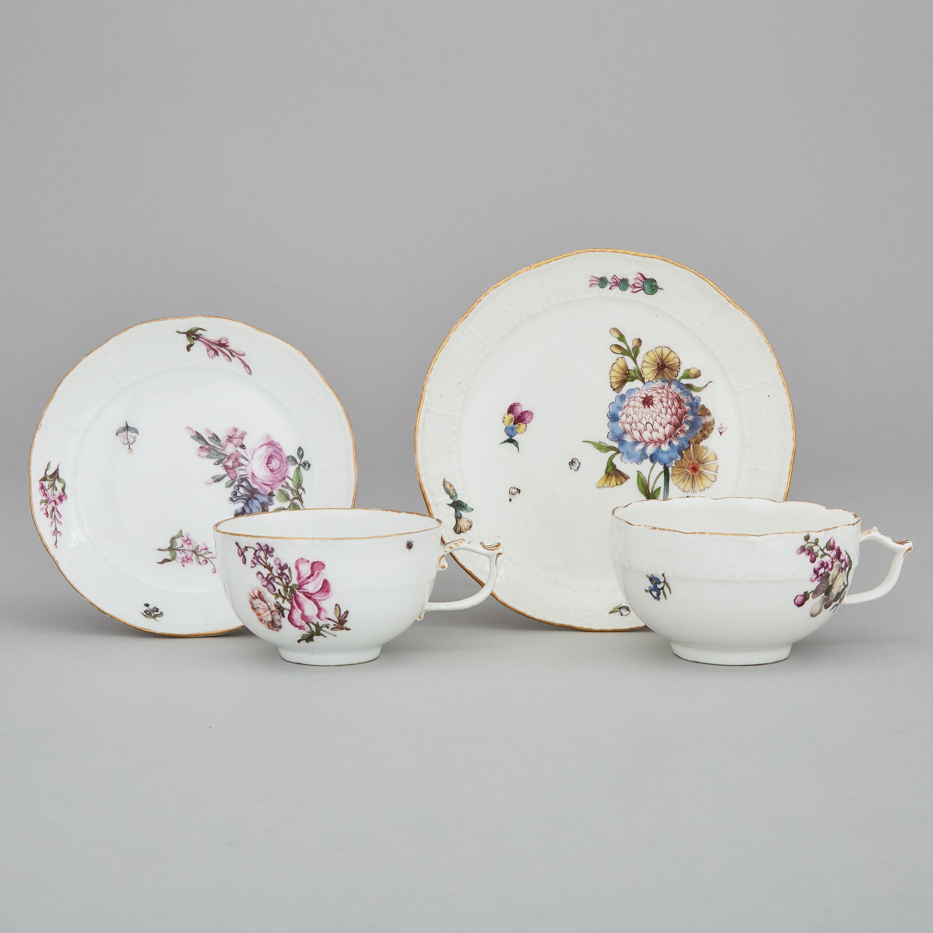 Two Meissen Cups and Saucers, late 18th century
