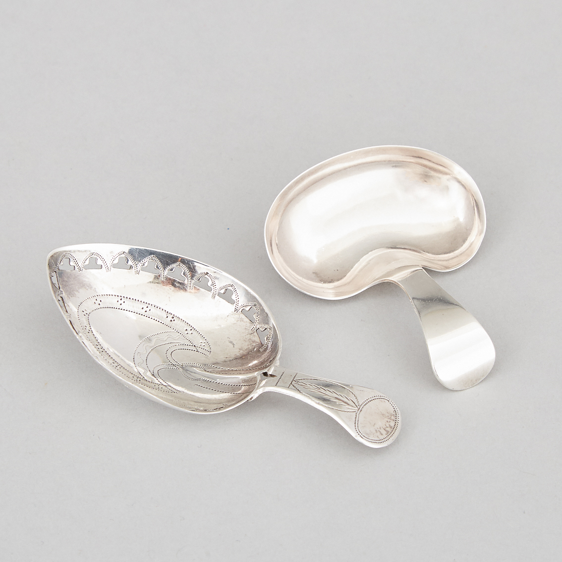 Two George III Silver Heart or Kidney Shaped Caddy Spoons, Joseph Taylor and Cocks & Bettridge, Birmingham, 1807/10