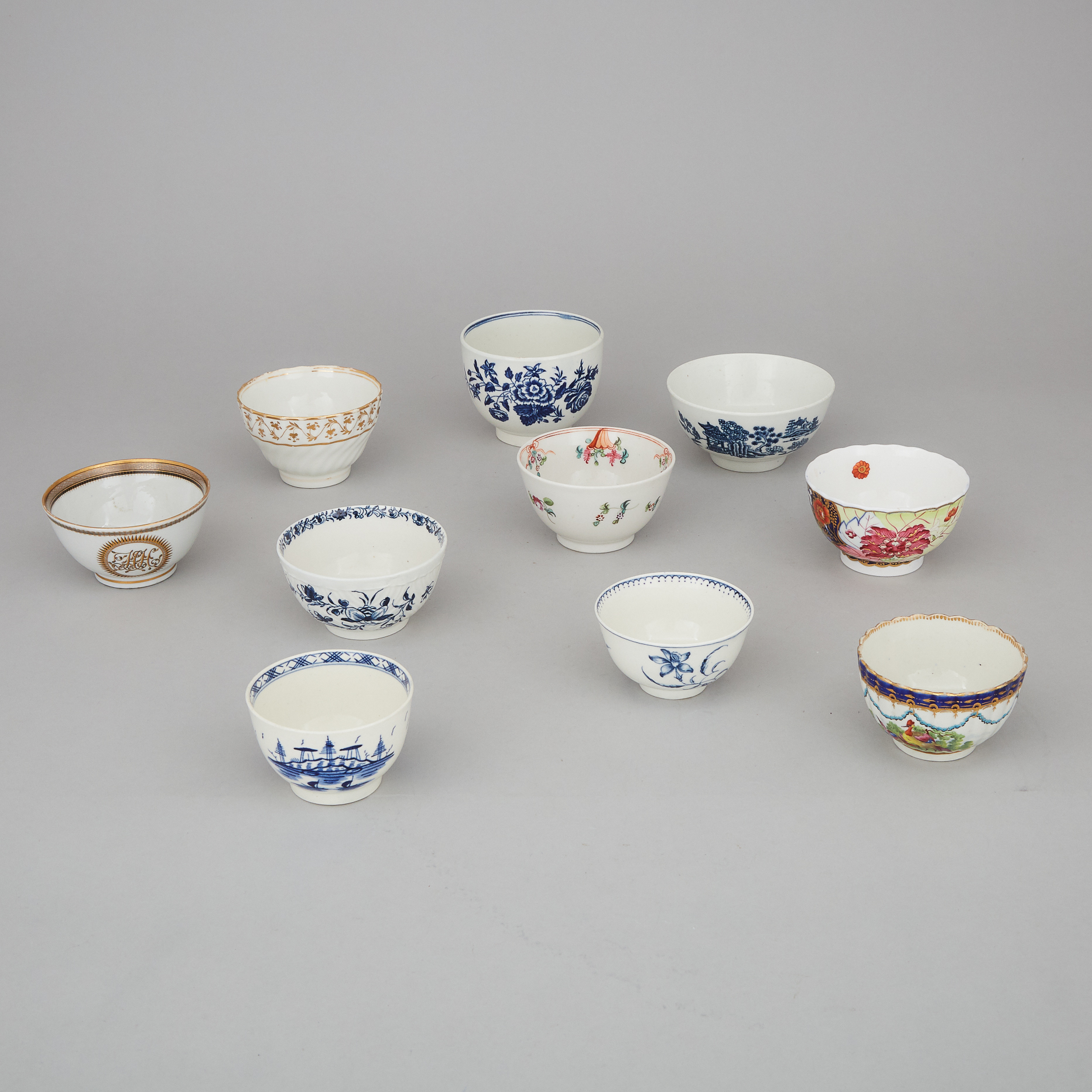 Ten Mainly English Porcelain Tea Bowls and Sugar Basins, late 18th/ early 19th century