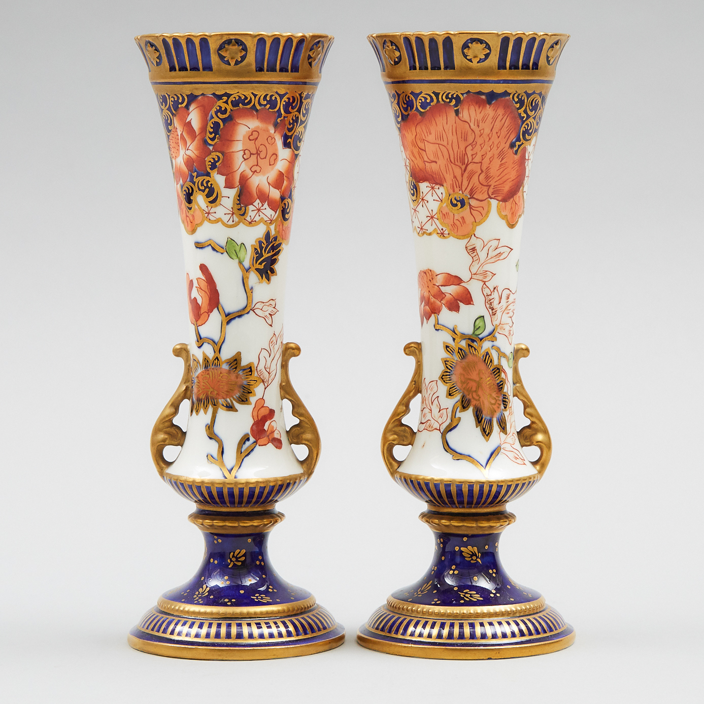 Pair of Royal Crown Derby Japan Pattern Two-Handled Vases, 1898