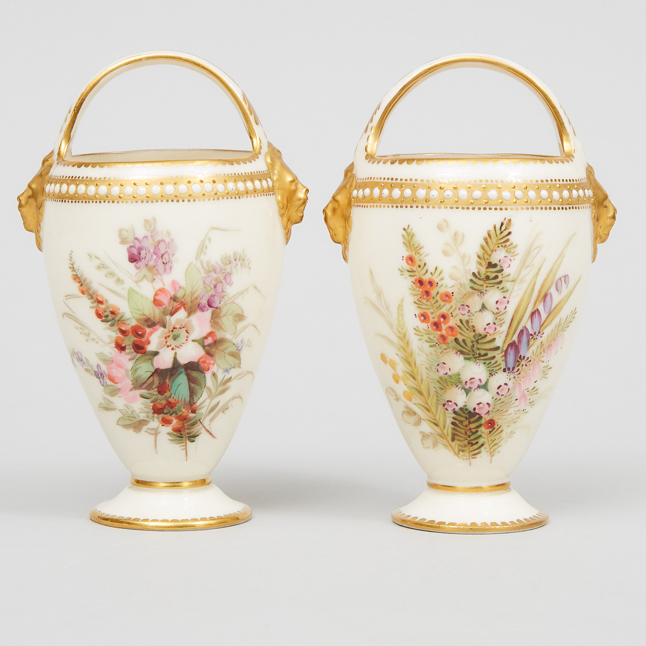 Pair of Royal Worcester 'Jeweled' Basket Vases, 1874