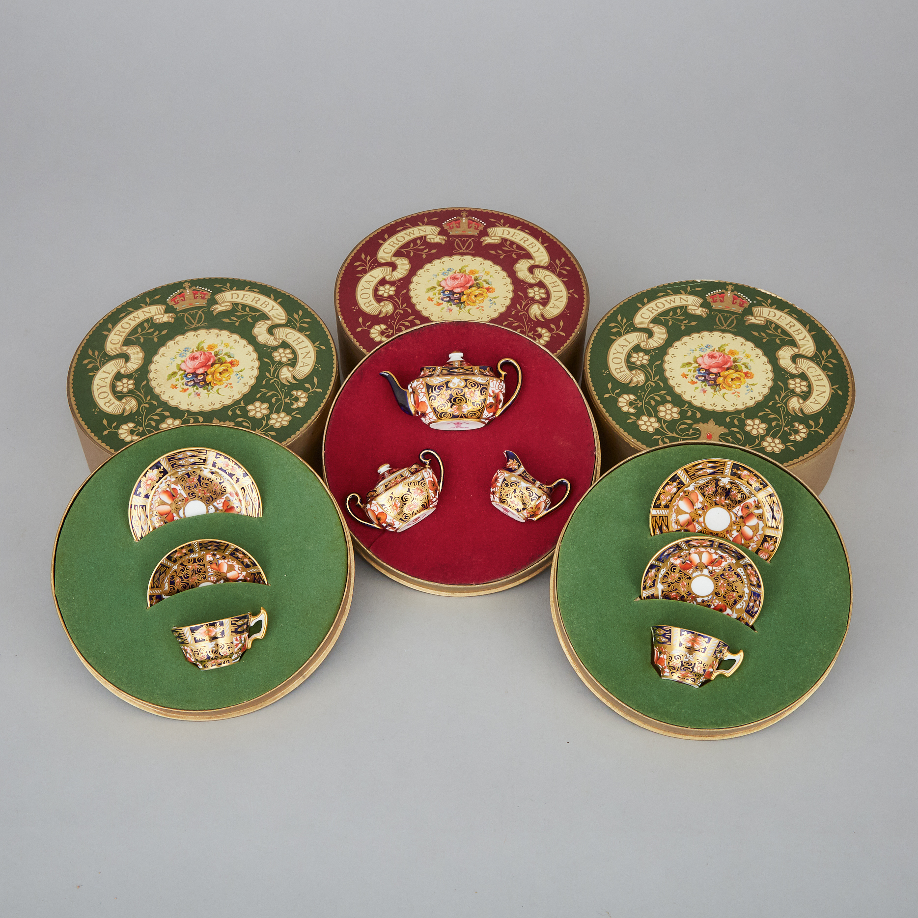 Royal Crown Derby 'Imari' (2451) Pattern Miniature Three-Piece Tea Service, Two Cups and Saucers and Two Plates, 20th century