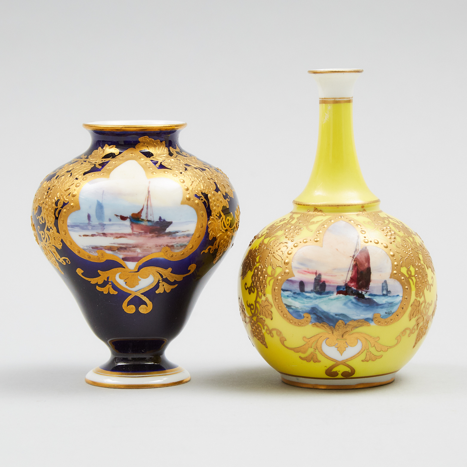 Two Royal Crown Derby Yellow or Blue and Gilt Ground Cabinet Vases, William E.J. Dean, 1902/03