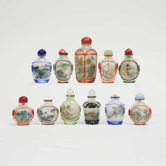 A Group of Eleven Colour-Overlay Interior-Painted Snuff Bottles