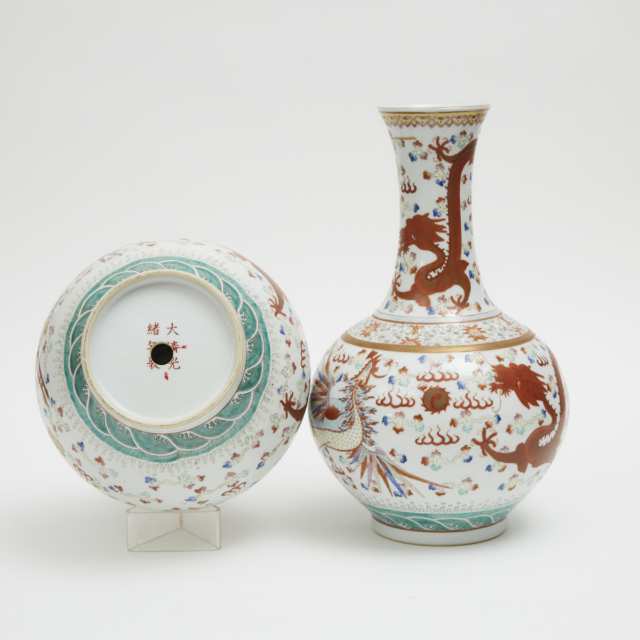 A Pair of Famille Rose 'Dragon and Phoenix' Bottle Vases, Guangxu Mark 