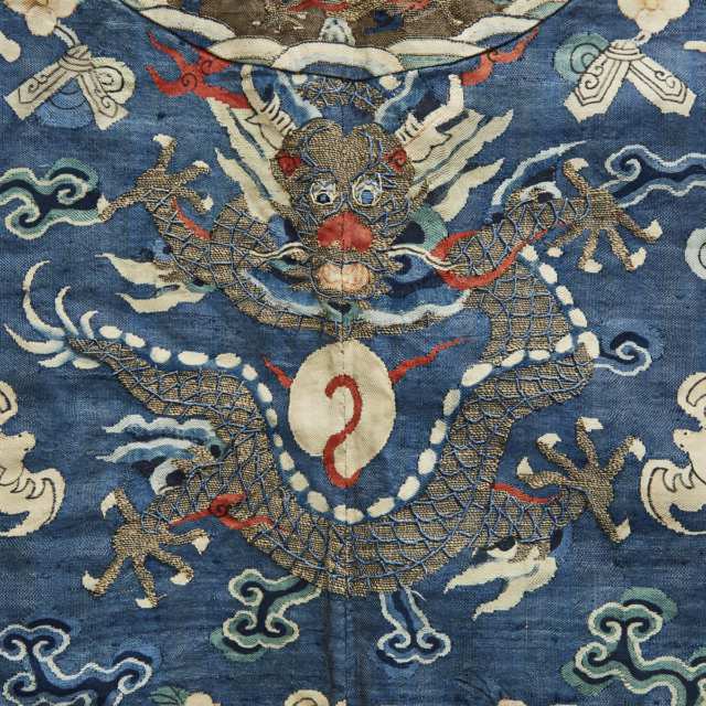 A Blue Ground Silk Emboidered Dragon Robe, Late Qing Dynasty