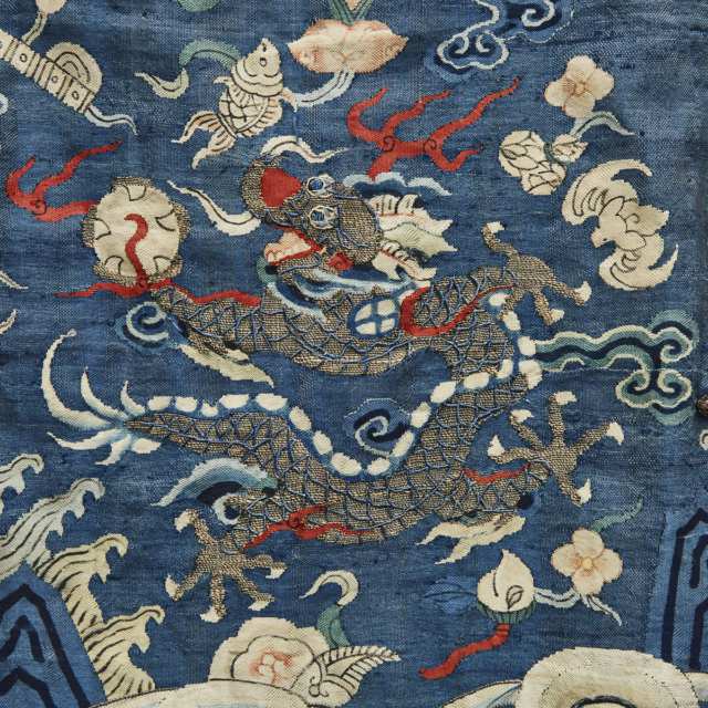 A Blue Ground Silk Emboidered Dragon Robe, Late Qing Dynasty