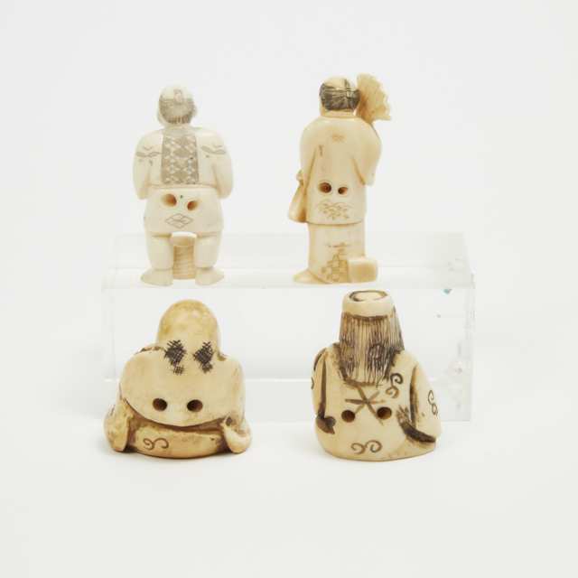 A Group of Four Ivory Figural Netsukes, Three Signed