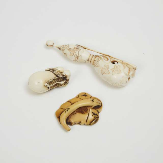 A Group of Three Ivory Netsuke of Eggplants, a Gourd, and Sakura Blossoms, One Signed