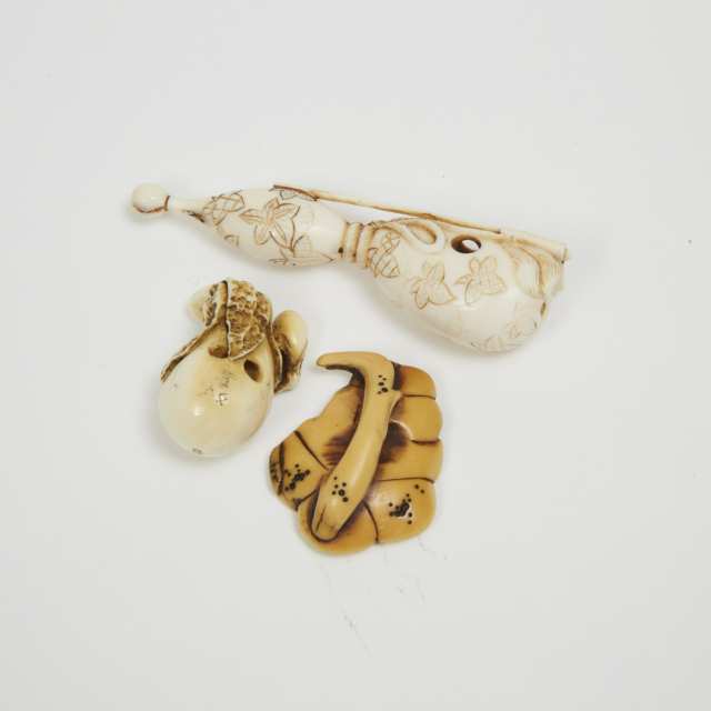 A Group of Three Ivory Netsuke of Eggplants, a Gourd, and Sakura Blossoms, One Signed