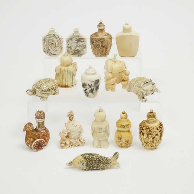 A Group of Fifteen Ivory and Bone Carved Snuff Bottles