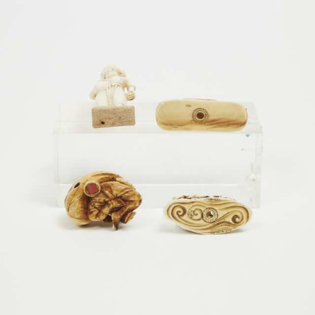 A Group of Four Ivory Carved Figural Netsuke, 19th Century and Later