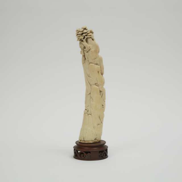 An Ivory Tusk Form Carving of Two Monks and a Shishi