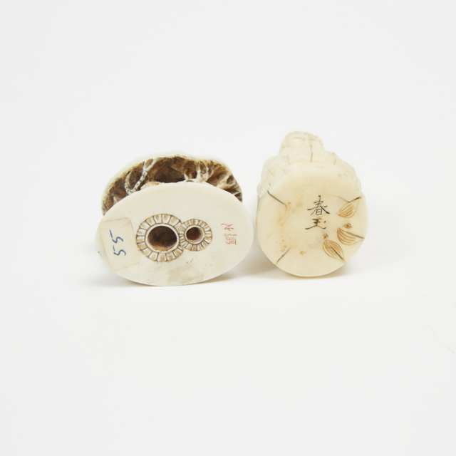A Group of Sixteen Small Ivory and Antler Carved Netsuke and Okimono