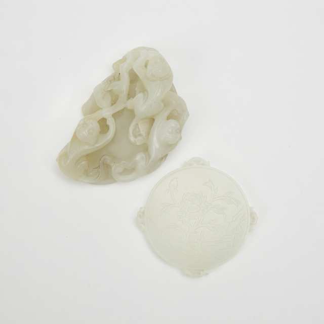Two White Jade Carvings of He-He Erxian Plaque and Monkeys