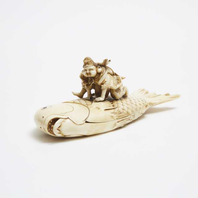 An Ivory Carved Box of Ebisu Riding a Giant Sea Bream