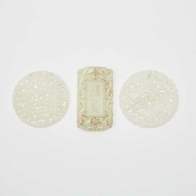 Two White Jade Openwork Plaques and a Yellow Jade Rectangular Pendant