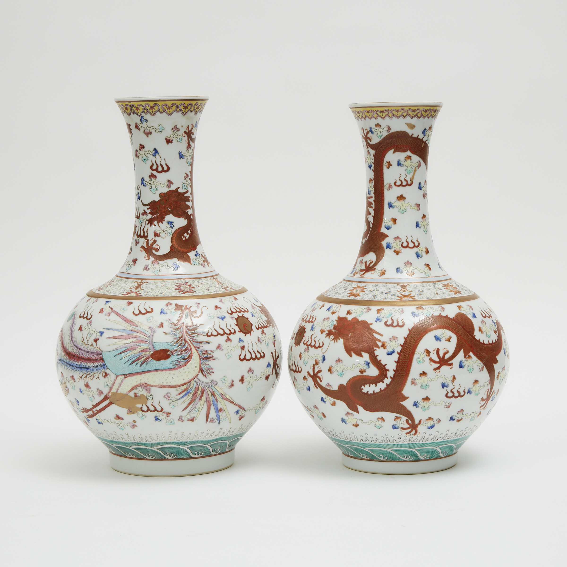 A Pair of Famille Rose 'Dragon and Phoenix' Bottle Vases, Guangxu Mark 