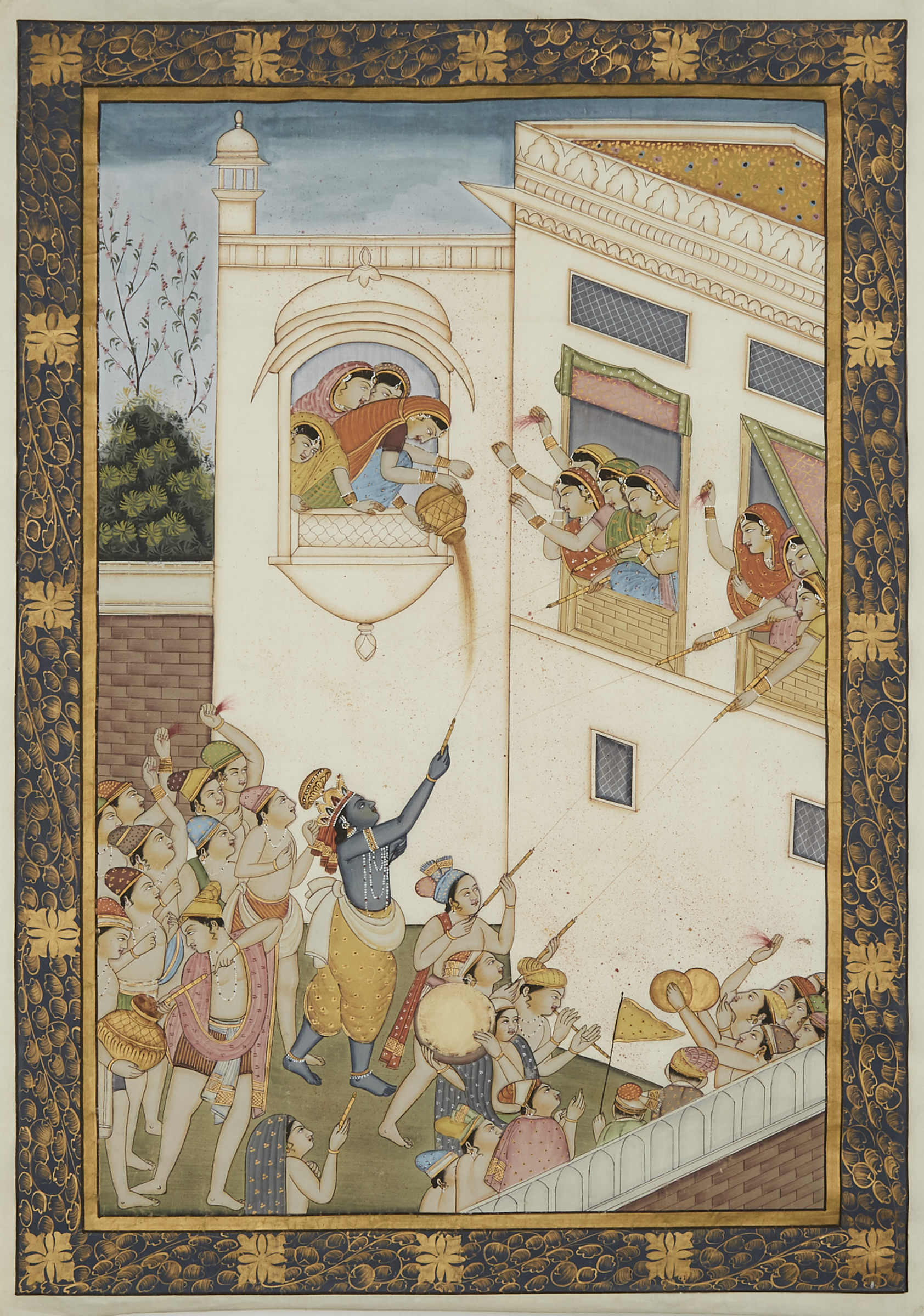 A Silk Painting depicting a Balcony Scene with Krishna