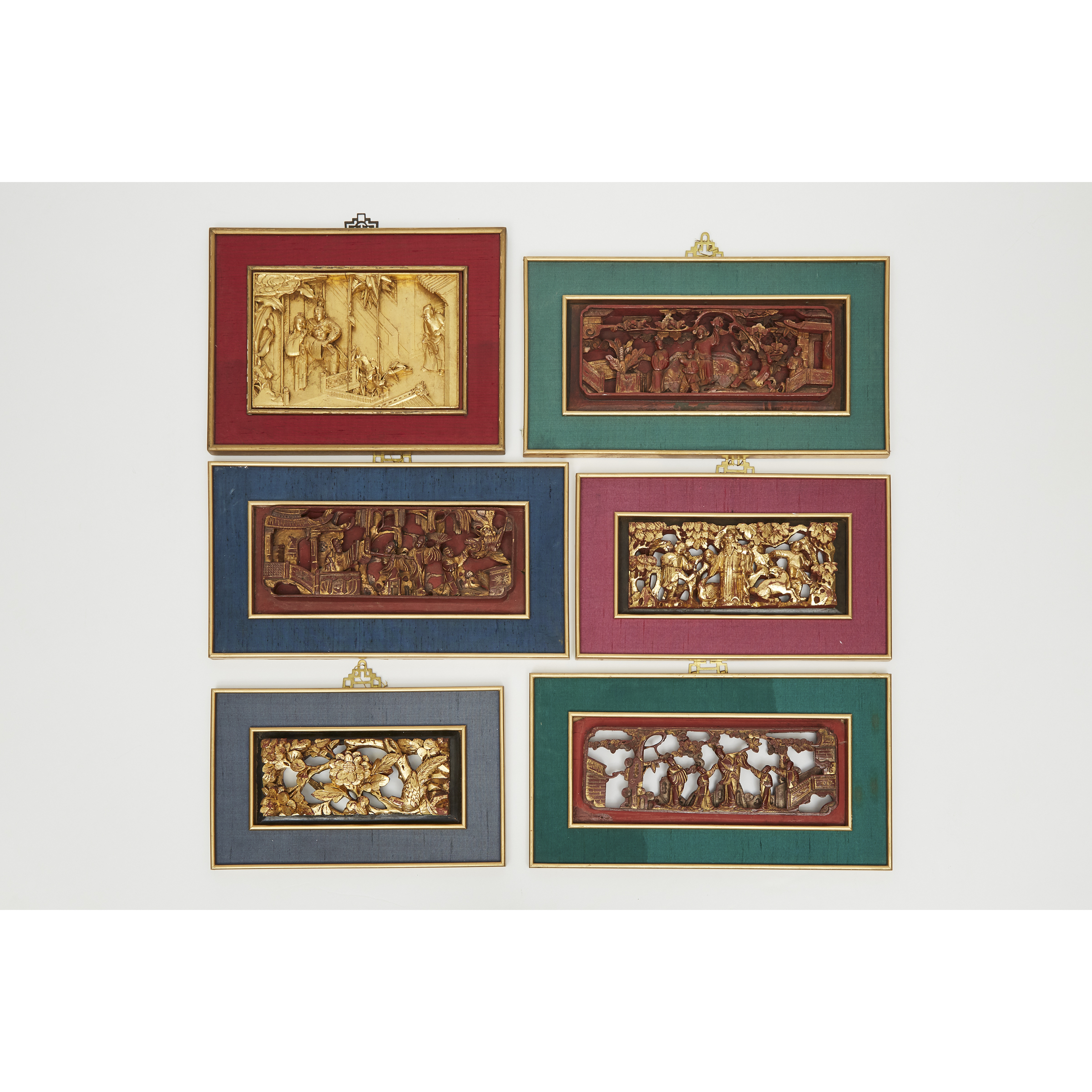 A Set of Six Framed Chinese Gilt Lacquer Temple Panels, 19th Century