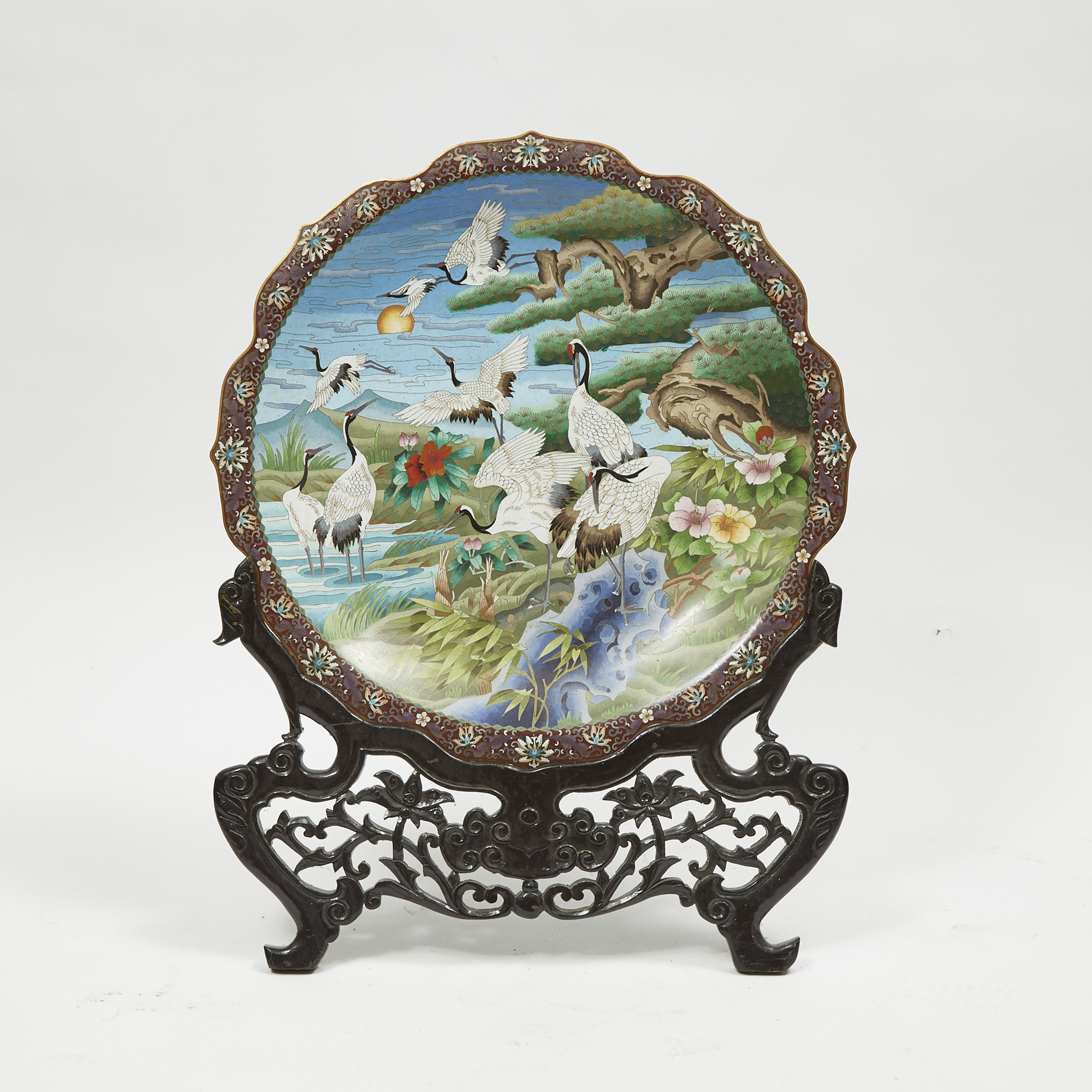 A Massive Cloisonné 'Cranes' Charger with Stand