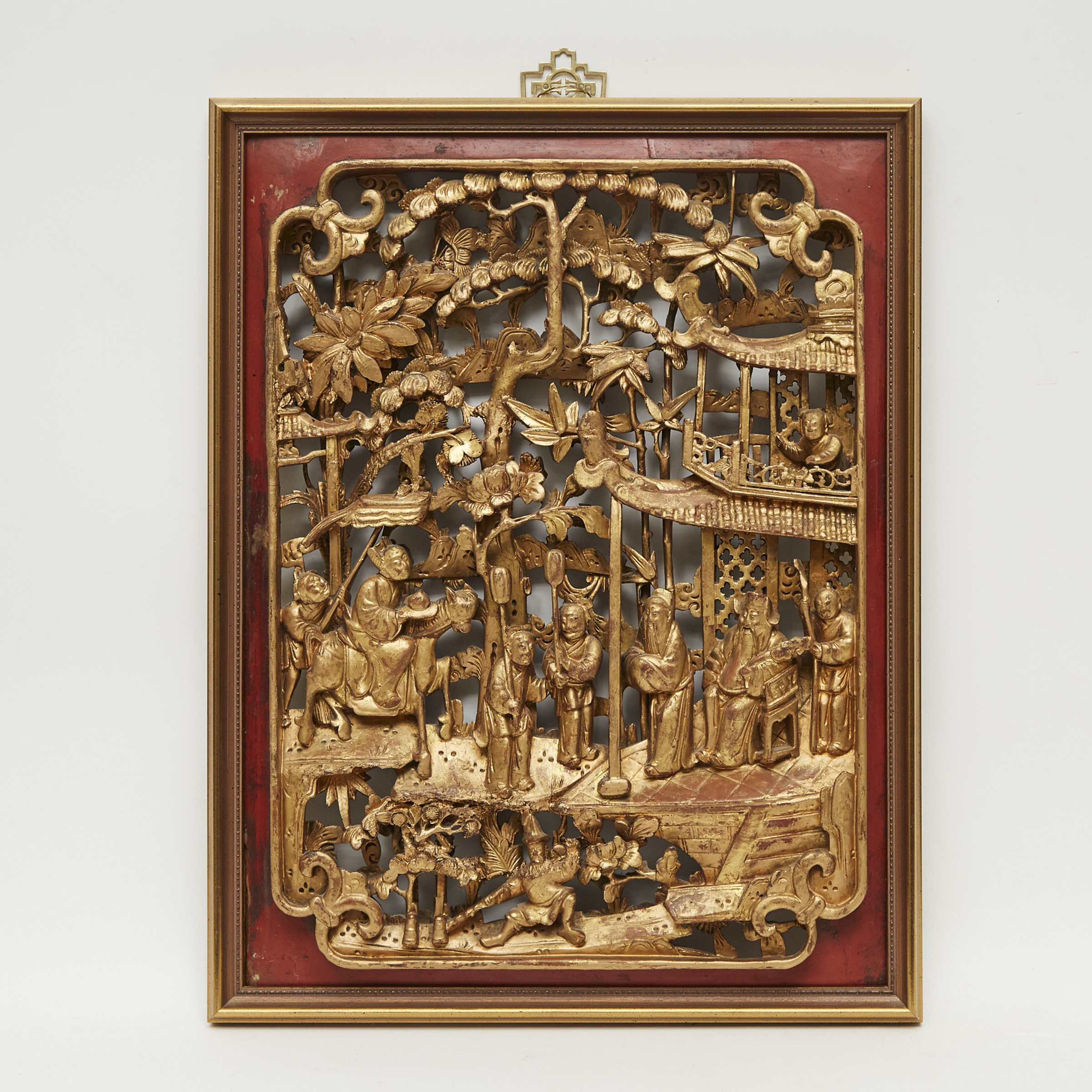 A Framed Chinese Gilt Wood Temple Carving, 19th Century