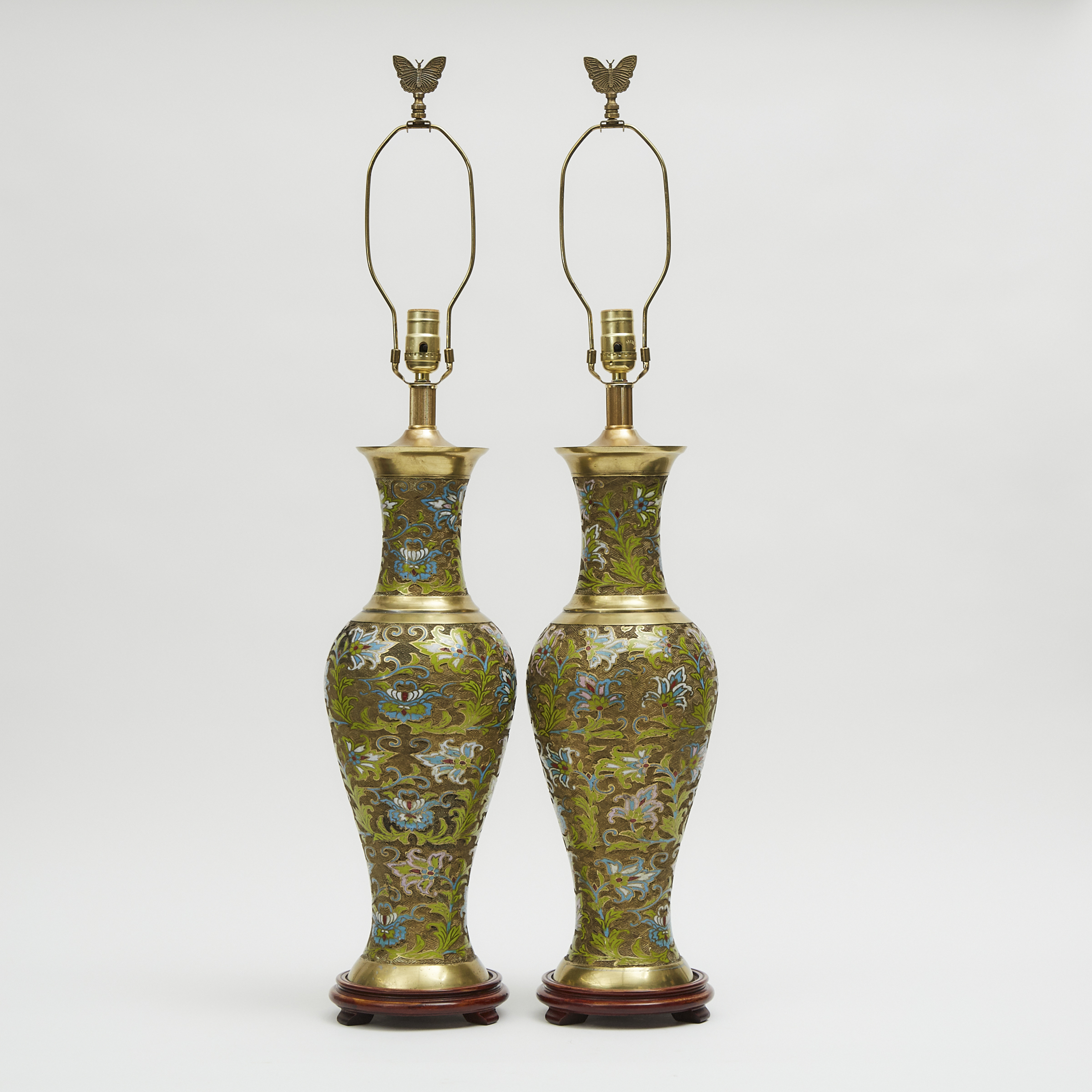 A Pair of Chinese Champlevé Cloisonné Vase Lamps, Circa 1910