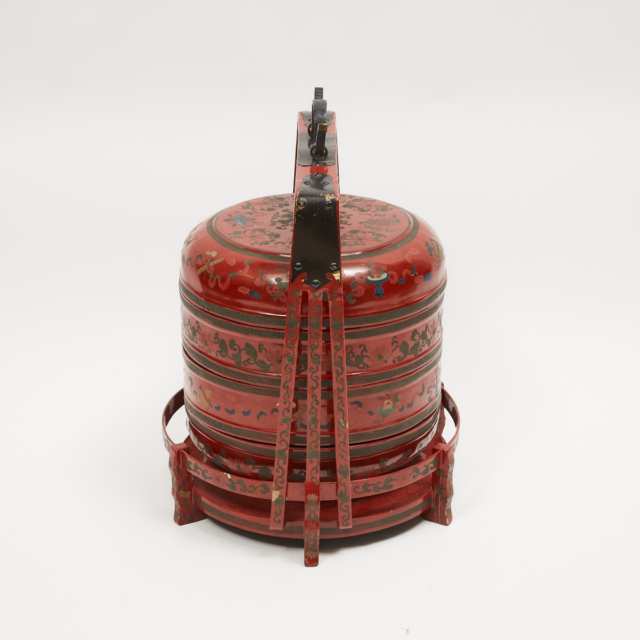 Large Chinese Red Lacquer Wedding Basket on Stand, 20th century