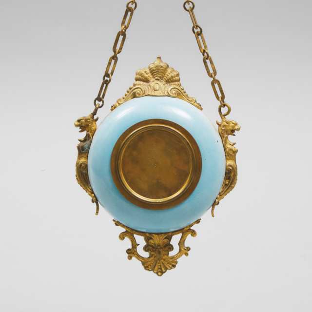 Small  French Ormolu Mounted Ceramic Wall Clock on Chain, c.1900